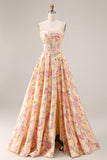 Strapless Basque Waist Yellow Pink Flowers A Line Long Prom Dress with Slit