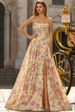 Yellow Strapless Floral A-Line Corset Backless Long Prom Dress with Slit