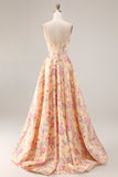 Strapless Basque Waist Yellow Pink Flowers A Line Long Prom Dress with Slit