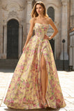Yellow Strapless Floral A-Line Corset Backless Long Prom Dress with Slit