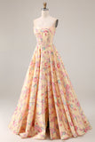 Strapless Basque Waist Yellow Pink Flowers A Line Long Prom Dress with Slit