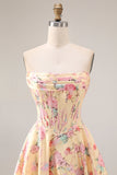 Strapless Basque Waist Yellow Pink Flowers A Line Long Prom Dress with Slit