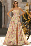 Yellow Strapless Floral A-Line Corset Backless Long Prom Dress with Slit
