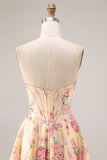 Strapless Basque Waist Yellow Pink Flowers A Line Long Prom Dress with Slit