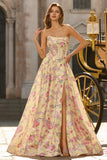 Yellow Strapless Floral A-Line Corset Backless Long Prom Dress with Slit