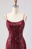 Sparkly Burgundy Mermaid Sequins Lace Up Back Long Prom Dress with Slit