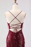 Sparkly Burgundy Mermaid Sequins Lace Up Back Long Prom Dress with Slit