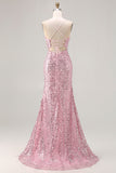 Sparkly Pink Mermaid Lace Up Back Sequin Long Prom Dress with Slit