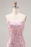 Sparkly Pink Mermaid Lace Up Back Sequin Long Prom Dress with Slit