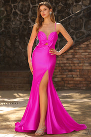 Fuchsia Mermaid Cut Out Pleated Satin Bowed Long Prom Dress with Slit