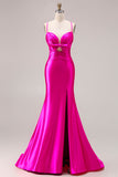 Fuchsia Mermaid Cut Out Satin Pleated Bowed Long Prom Dress with Slit