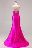 Fuchsia Mermaid Cut Out Satin Pleated Bowed Long Prom Dress with Slit