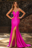 Fuchsia Mermaid Cut Out Pleated Satin Bowed Long Prom Dress with Slit