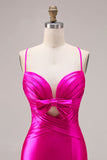 Fuchsia Mermaid Cut Out Satin Pleated Bowed Long Prom Dress with Slit