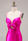 Fuchsia Mermaid Cut Out Satin Pleated Bowed Long Prom Dress with Slit