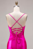 Fuchsia Mermaid Cut Out Satin Pleated Bowed Long Prom Dress with Slit