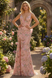 Fitted Beaded Open Back Sequins Long Floral Prom Dress with  Detachable Bow