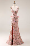 Fitted Beaded Open Back Sequins Long Floral Prom Dress with  Detachable Bow