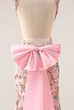 Fitted Beaded Open Back Sequins Long Floral Prom Dress with  Detachable Bow