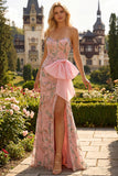 Strapless Sequin Beaded Floral Long Prom Dress with Bow on Hip and a Skirt Slit
