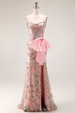 Strapless Sequin Beaded Floral Long Prom Dress with Bow on Hip and a Skirt Slit