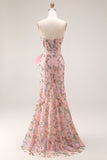Strapless Sequin Beaded Floral Long Prom Dress with Bow on Hip and a Skirt Slit