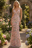 Blush Floral Sheath Spaghetti Straps Beaded Long Prom Dress with Sequins