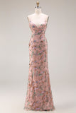 Blush Floral Sheath Spaghetti Straps Beaded Long Prom Dress with Sequins