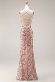 Blush Floral Sheath Spaghetti Straps Beaded Long Prom Dress with Sequins
