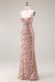 Blush Floral Sheath Spaghetti Straps Beaded Long Prom Dress with Sequins
