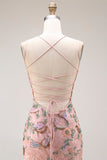 Blush Floral Sheath Spaghetti Straps Beaded Long Prom Dress with Sequins