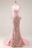 Sparkly Pink Appliqued Basque Waist Mermaid Long Prom Dress with Bowknot