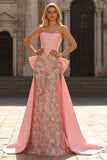 Sparkly Pink Appliqued Basque Waist Mermaid Long Prom Dress with Bowknot