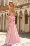 Sparkly Pink Appliqued Basque Waist Mermaid Long Prom Dress with Bowknot
