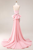 Sparkly Pink Appliqued Basque Waist Mermaid Long Prom Dress with Bowknot