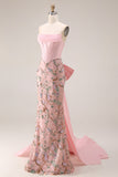 Sparkly Pink Appliqued Basque Waist Mermaid Long Prom Dress with Bowknot