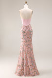 Sparkly Pink Appliqued Basque Waist Mermaid Long Prom Dress with Bowknot