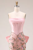 Sparkly Pink Appliqued Basque Waist Mermaid Long Prom Dress with Bowknot