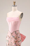 Sparkly Pink Appliqued Basque Waist Mermaid Long Prom Dress with Bowknot