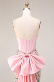 Sparkly Pink Appliqued Basque Waist Mermaid Long Prom Dress with Bowknot