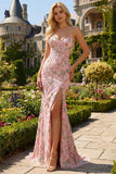 Strapless Floral Beaded Corset Bodice Fitted Long Prom Dress with Skirt Slit