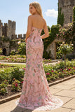 Strapless Floral Beaded Corset Bodice Fitted Long Prom Dress with Skirt Slit