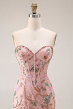 Strapless Floral Beaded Corset Bodice Fitted Long Prom Dress with Skirt Slit