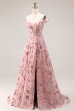 Blush Floral Off The Shoulder A Line Long Prom Dress with Slit