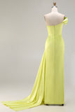 Green One Shoulder Ruched Sheath Long Prom Dress with Slit
