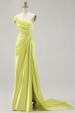Green One Shoulder Ruched Sheath Long Prom Dress with Slit