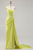 Green One Shoulder Ruched Sheath Long Prom Dress with Slit