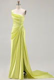 Green One Shoulder Ruched Sheath Long Prom Dress with Slit