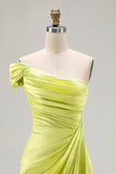 Green One Shoulder Ruched Sheath Long Prom Dress with Slit