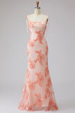 Light Blue Spaghetti Straps Mermaid Maxi Dress with Floral Embroidery